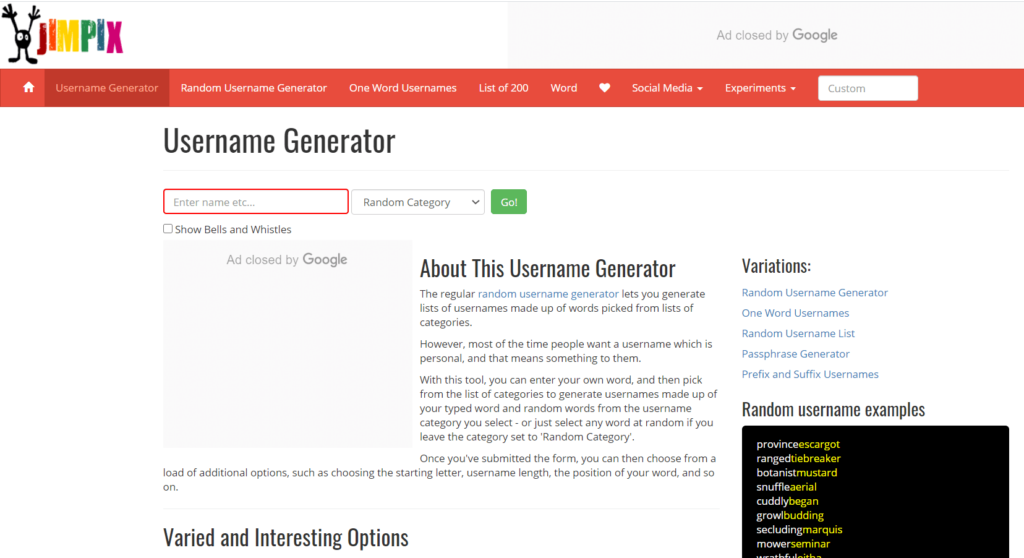 Главная страница Jimpix username generator