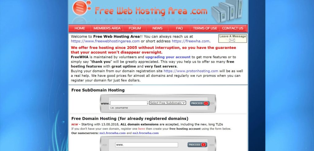 Freewebhostingarea предлагает бесплатные варианты размещения сайтов